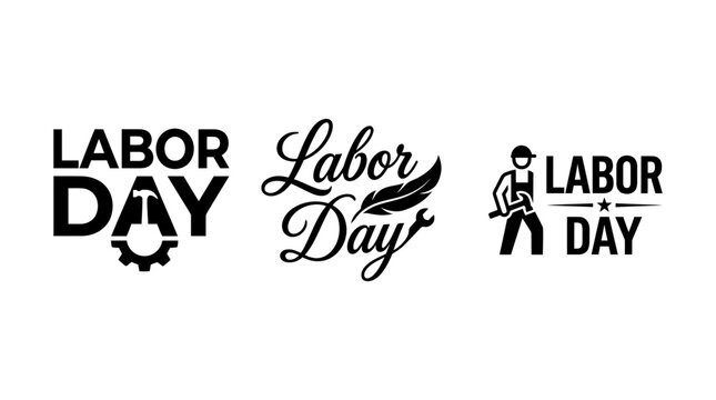 Set of three black and white typography designs for labour day vector graphics shown as an isolated object on isolated on transparent background