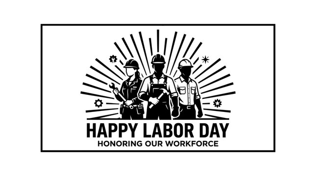 Black and white illustration featuring construction workers for a labour day vector design that is presented as isolated on transparent background