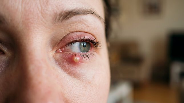 Close up of a womans eye with a stye on the eyelid.