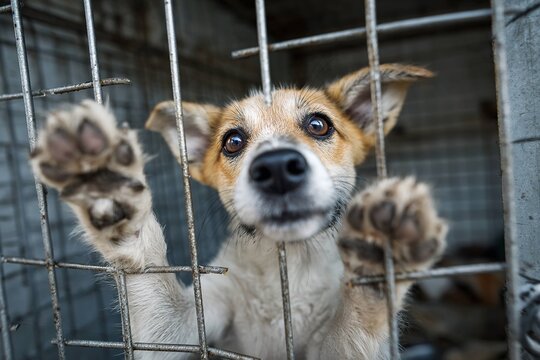 happy dog being freed from animal shelter cage