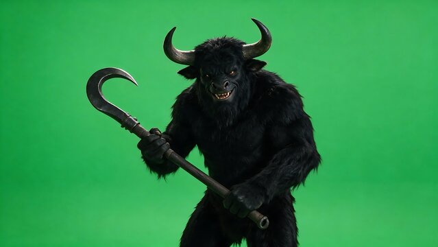 A fantasy character against a green background, a Minotaur, holding two large hooks in each hand, with black fur.