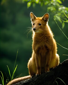 A yellow dhole  rat genetic hybrid experiment ai-generated, fictional species   in a tempest sky ridge, deep emerald jungle