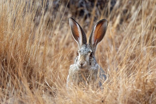 jackrabbit blending into tall dry grass background