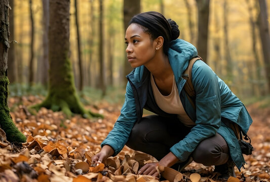 Young african american woman exploring nature in an autumn forest, crouching down to observe fallen leaves and mushrooms