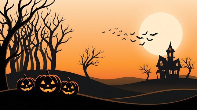 Spooky halloween background with glowing jack o lanterns and a haunted house at sunset