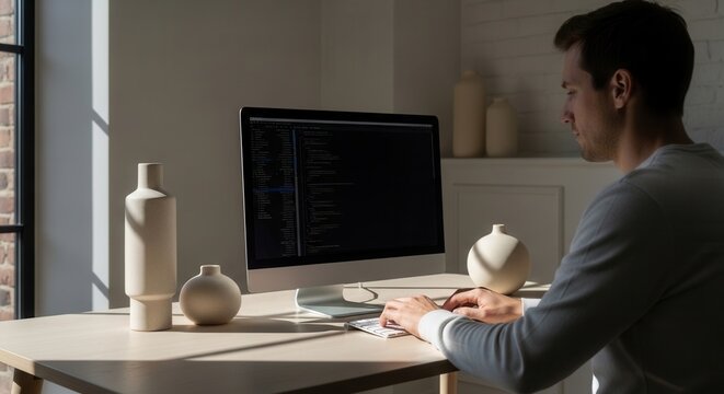 Focused Man Coding On Computer In Modern Minimalist Workspace