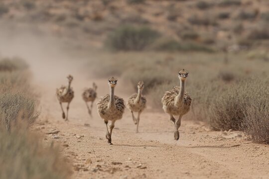 ostrich chicks running behind adult on dusty trail