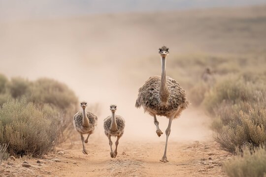 ostrich chicks running behind adult on dusty trail