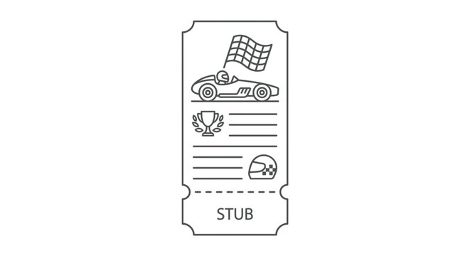 Vector line art illustration of a vintage car racing event admission ticket stub with checkered flag