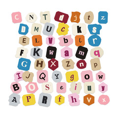 Colorful alphabet letters and icons set with playful designs isolated on transparent background © ZAKIRON