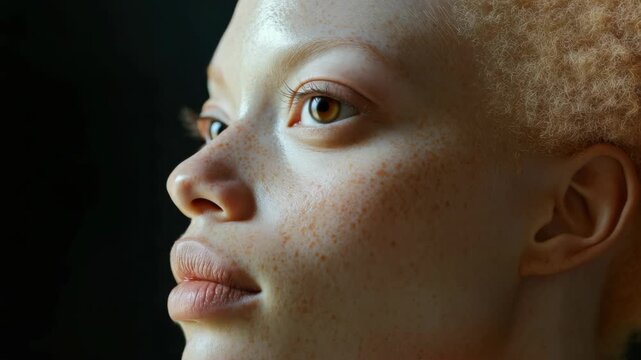 Soft light illuminates a woman's serene profile. Gentle glow highlights her freckled skin and calm eyes. Her gaze is steady, thoughtful, and quiet