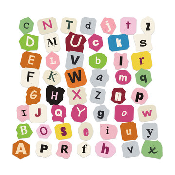 Colorful alphabet letters with fun shapes and icons isolated on transparent background