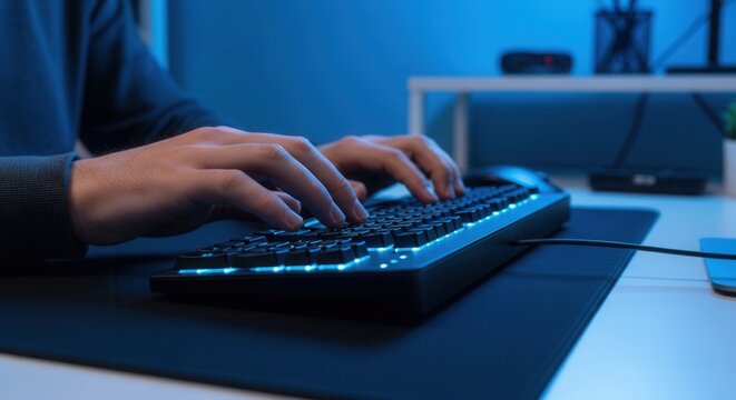 Focused Person Typing On Illuminated Keyboard In Dim Lighting