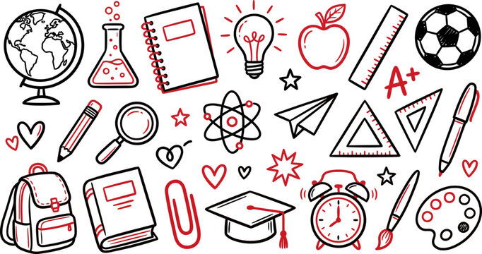 Hand drawn school icons set, black and red doodle education elements, back to school vector illustrations for student supplies