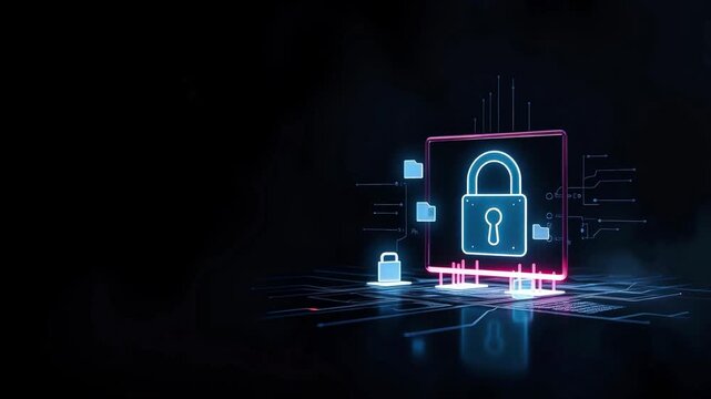 A cutting-edge digital animation featuring a glowing neon red padlock symbol and folder icons integrated into an intricate circuit board and data network grid
