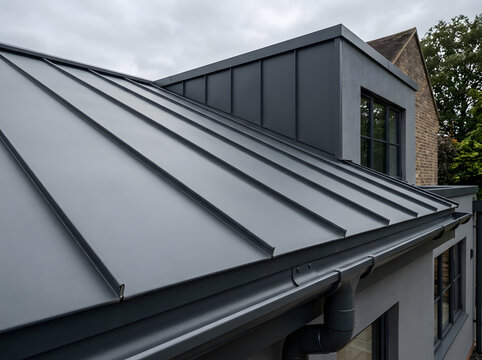 Modern standing seam metal roof installation|Grey zinc cladding for contemporary house design|Architectural metal roofing with integrated gutter system|Residential metal roofing maintenance and aesthe