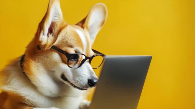 A Pembroke Corgi wearing eyeglasses sits at a desk and looks at a laptop screen.