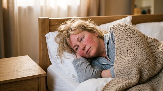 Young woman resting in bed with flu or cold symptoms, sick woman in bedroom