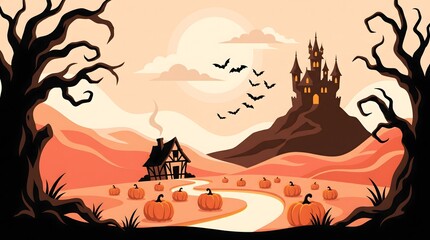 Fototapeta premium Spooky halloween landscape with castle silhouette and bare trees at dusk