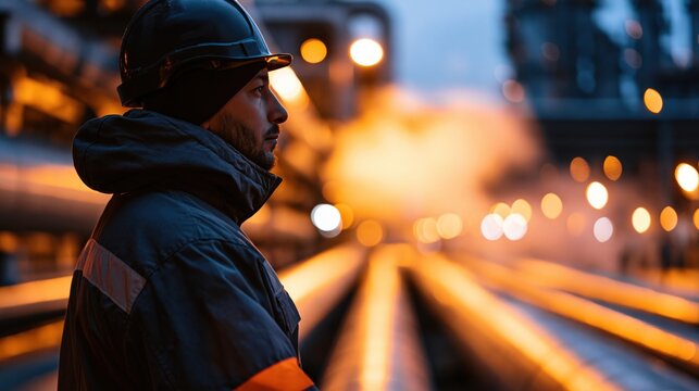 Worker in protective gear and helmet inspecting oil refinery pipes, with focus on metallic textures and steam in the background, highlighting energy production. Captured with Sony A7 IV, 50mm lens.