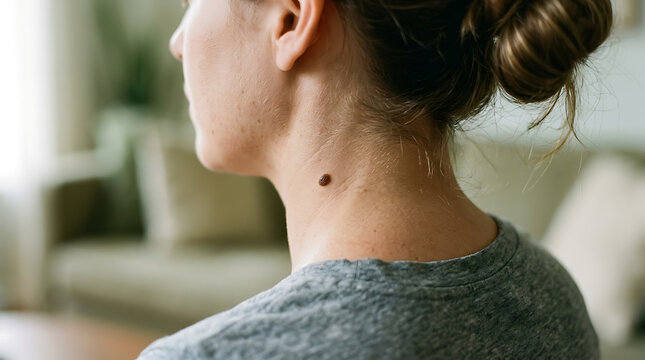 Close up of a womans neck with a prominent mole.