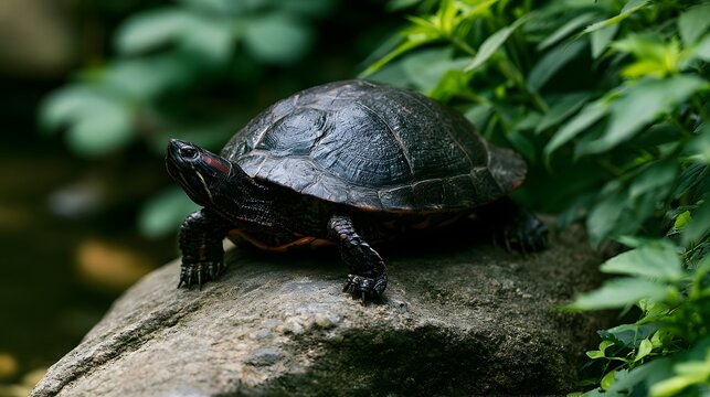 A turtle rests calmly on a mossy rock surrounded by lush green foliage in a natural garden setting
