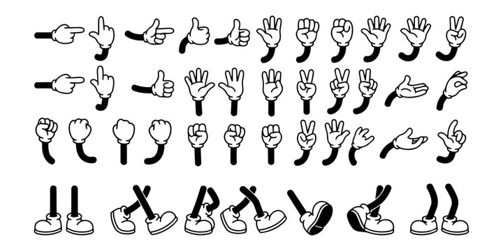 Cartoon Glove Hand Gesture and Shoe Icon Set, Retro Mickey Style Hand Poses with Cartoon Legs and Shoes, Black and White Vector Illustration Bundle