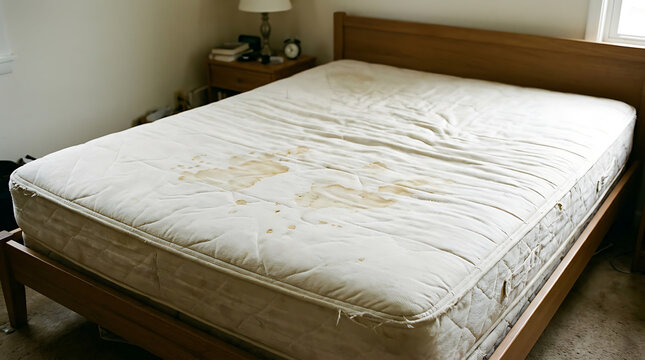 A stained and wrinkled mattress on a wooden bed frame in a bedroom setting.