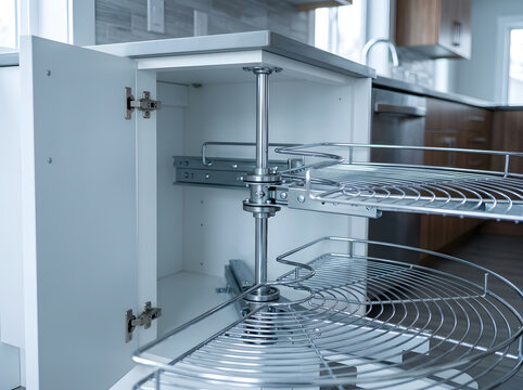 modern kitchen cabinet organizer pull out shelf | corner cabinet storage solutions for kitchens | lazy susan chrome wire basket system | functional kitchen hardware for blind corners
