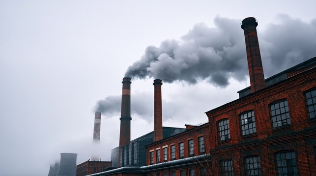 Tall brick chimneys of an industrial power plant emit thick gray smoke under a cloudy sky, captured in muted cold tones, highlighting outdated energy and air pollution.