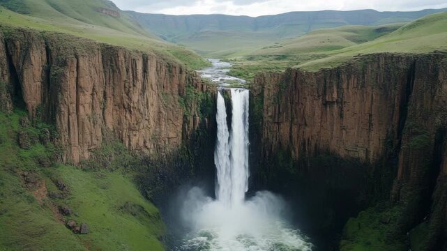 Gorgeous waterfall cascading down rugged cliff face, surrounded by green vegetation and majestic mountains in the distance.