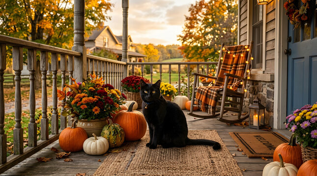 halloween pumpkins in a house with a black cat