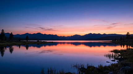 Fototapeta premium Twilight landscape with mountain silhouette reflecting on a calm lake at sunset.