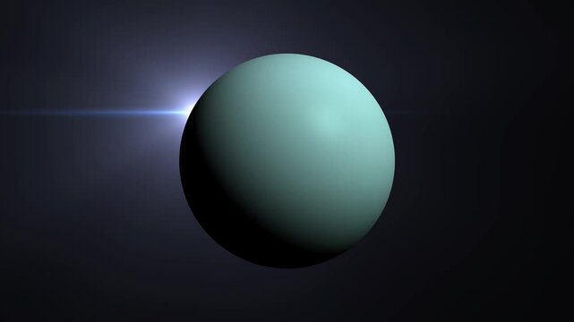 Uranus planet rotating in deep space with cinematic lens flare light effect