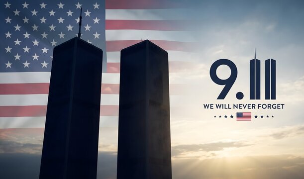 9/11 Twin Towers memorial graphic with American flag and somber tribute text overlay