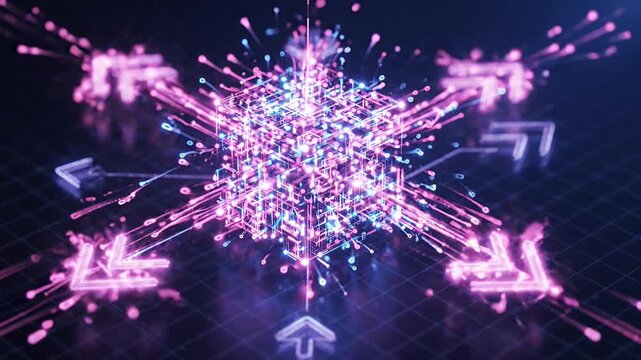 Glowing 3D data cube on digital grid background.