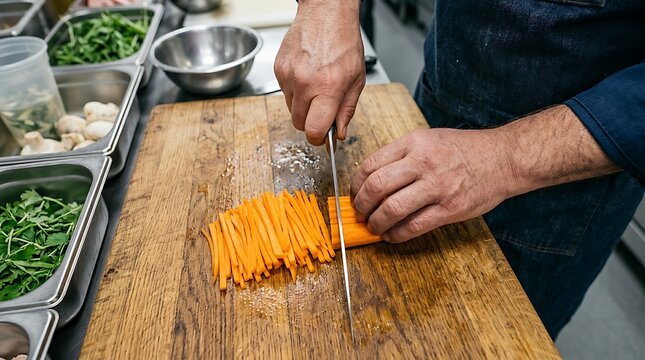 Professional Chef Cutting Fresh Carrots on Wooden Board in Commercial Kitchen for Restaurant Food Preparation Concept