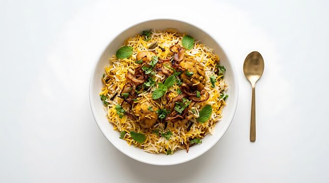 Traditional Indian chicken biryani rice bowl with aromatic spices herbs and fried onions for food menu website banner.