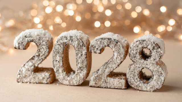 Frosted cookie numbers spelling 2028 with sparkling lights in the background