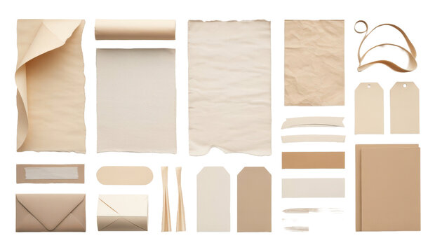 Aesthetic neutral scrapbook stationery set with torn paper note sheets label tags tape PNG mockup design elements