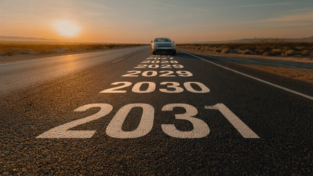 Road leading to the future with years 2029 2030 and 2031 painted on asphalt at sunset