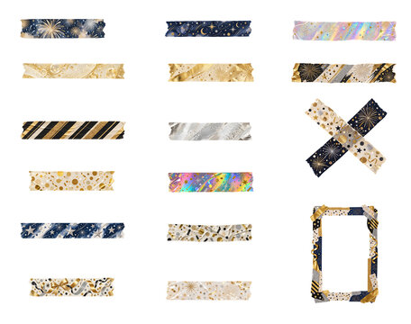 New Year Washi Tape Set with Gold Silver Fireworks Confetti Stars and Holographic Party Patterns