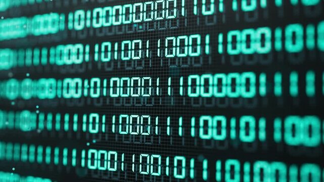 Seamless looped 3D animation of glowing binary digits streaming across a futuristic digital grid, symbolizing data, coding, cybersecurity, networks and artificial intelligence.