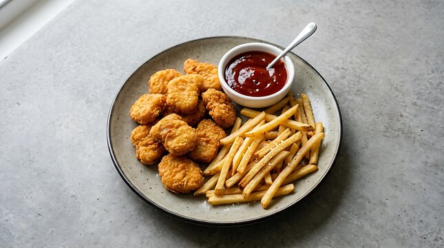 Golden Chicken Nuggets with Crispy French Fries and Tomato Ketchup Sauce on Plate for Menu Design Website Banner Promo