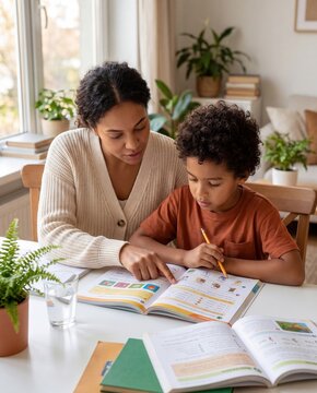 Mother helping son with homework and studying at home