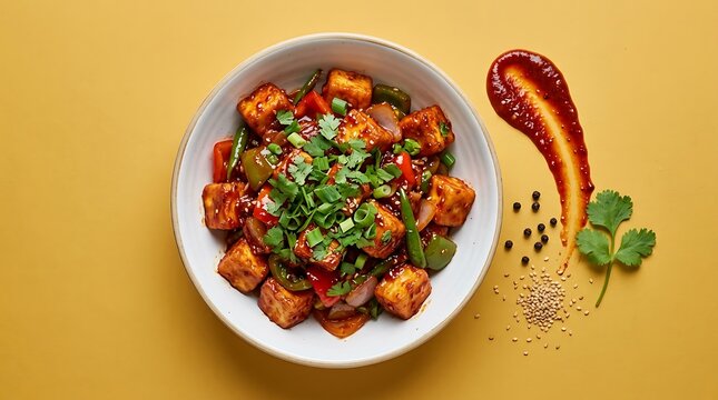 Spicy Chili Paneer Stir Fry with Bell Peppers and Onions in a Bowl for Restaurant Menu Design and Food Blog Photography