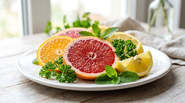 Fresh sliced citrus fruits grapefruit orange and lemon on white plate with mint for healthy breakfast food concept background