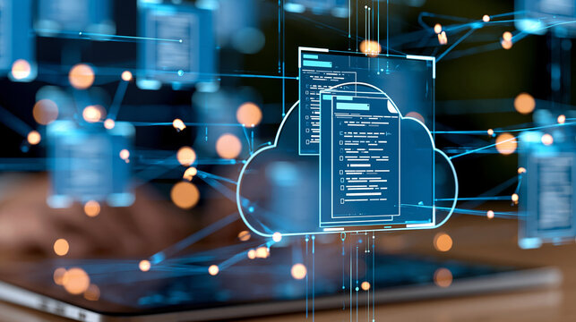 Automated digital workflow and secure compliance infrastructure with centralized document processing and cloud network integration, defocused background, with copy space
