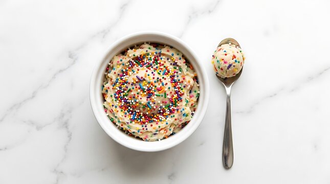 Edible Rainbow Sprinkle Cookie Dough in White Ceramic Bowl with Spoon on Marble Texture Background for Gourmet Bakery