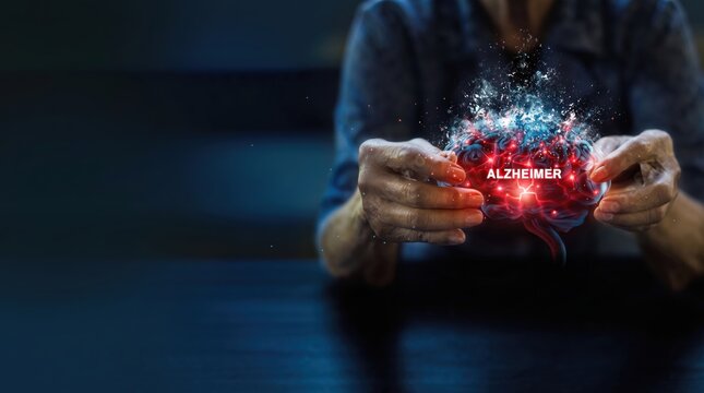 Elderly woman holding glowing brain model with Alzheimer text, symbolizing memory loss and neurodegenerative disease awareness concept